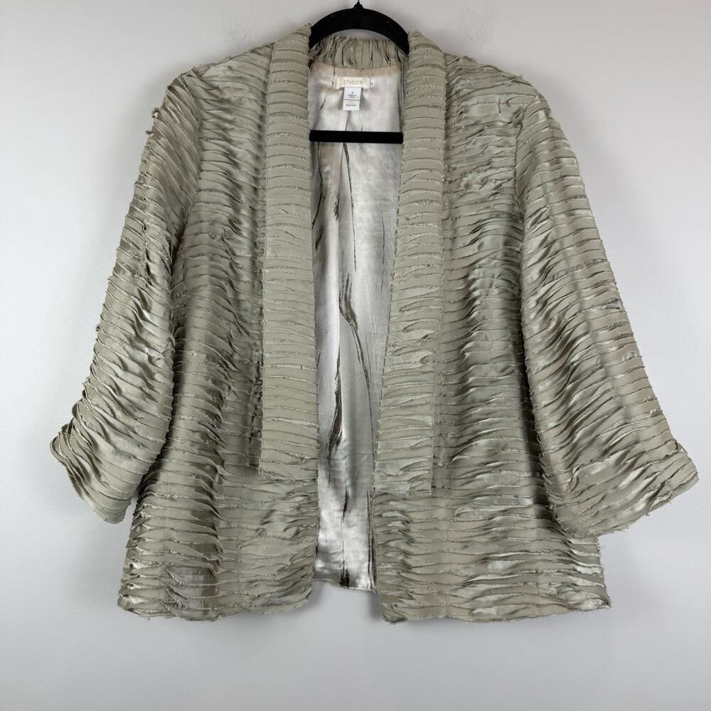 Chico's Pleated Jacket Womens 2 US Large Silver Funky Open Front Retro Topper‎